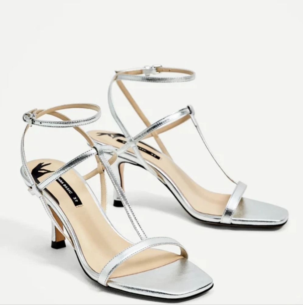 NWT Zara Shiny Silver Ankle Strap Heels